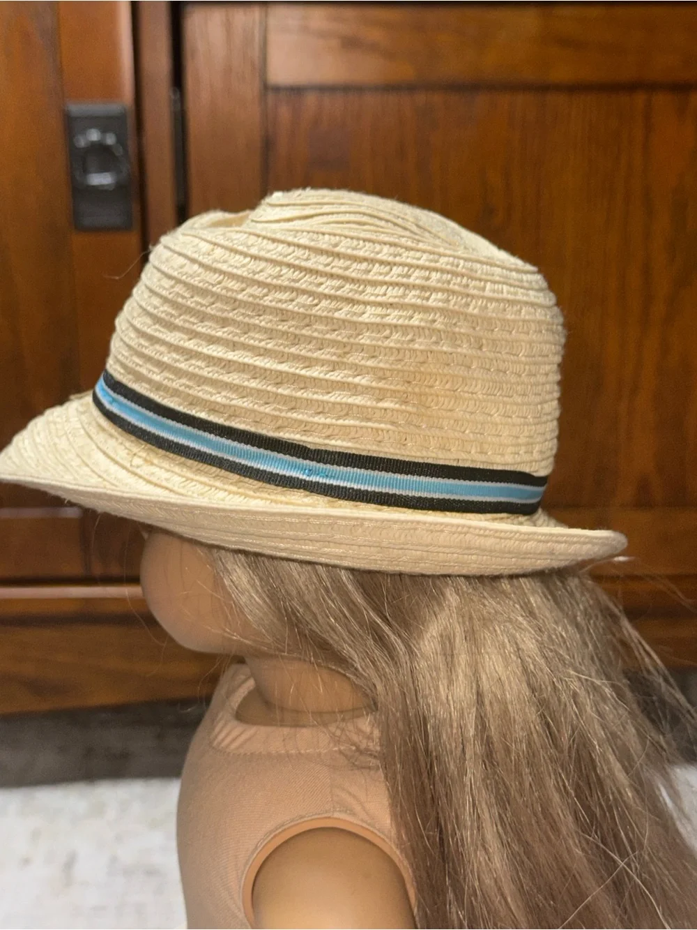 Straw sailor blue ribbon hat 18” dolls